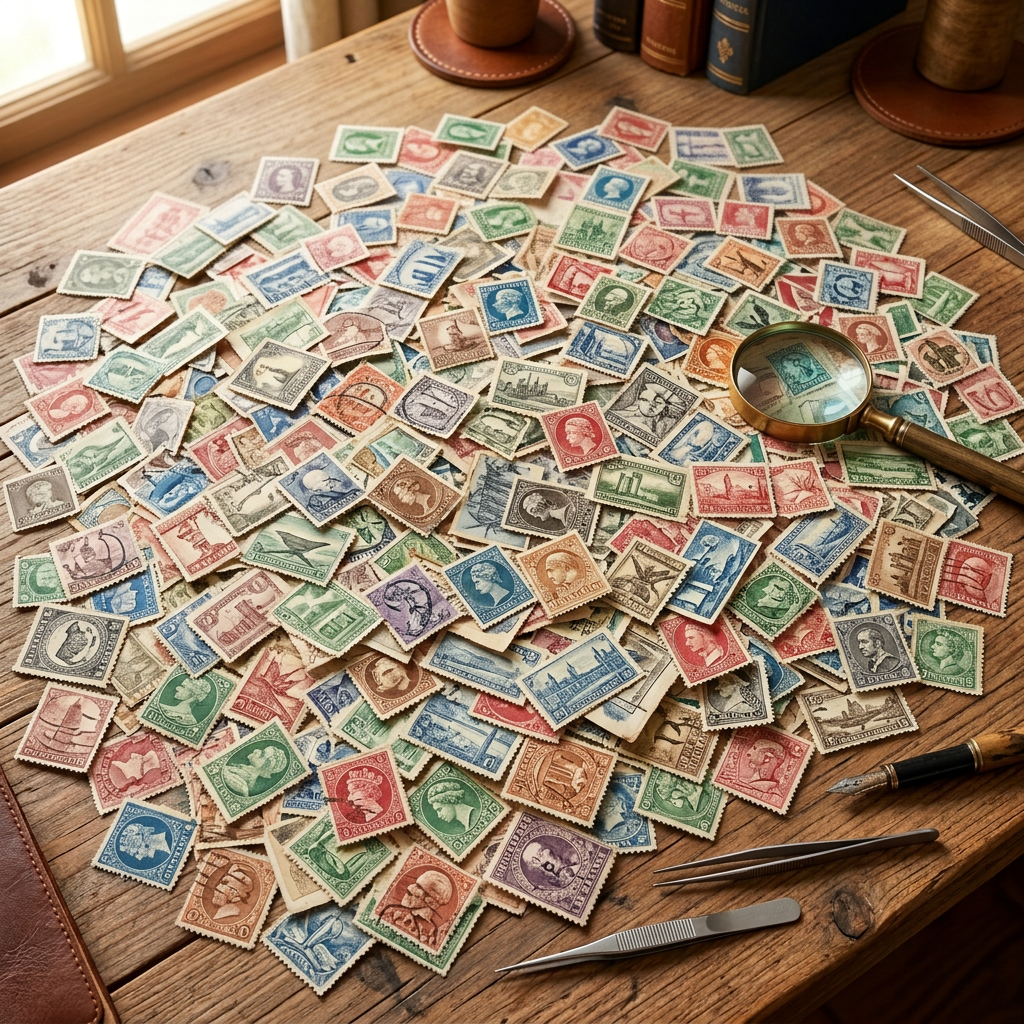 Open Portuguese stamp album displaying rows of vintage postage stamps