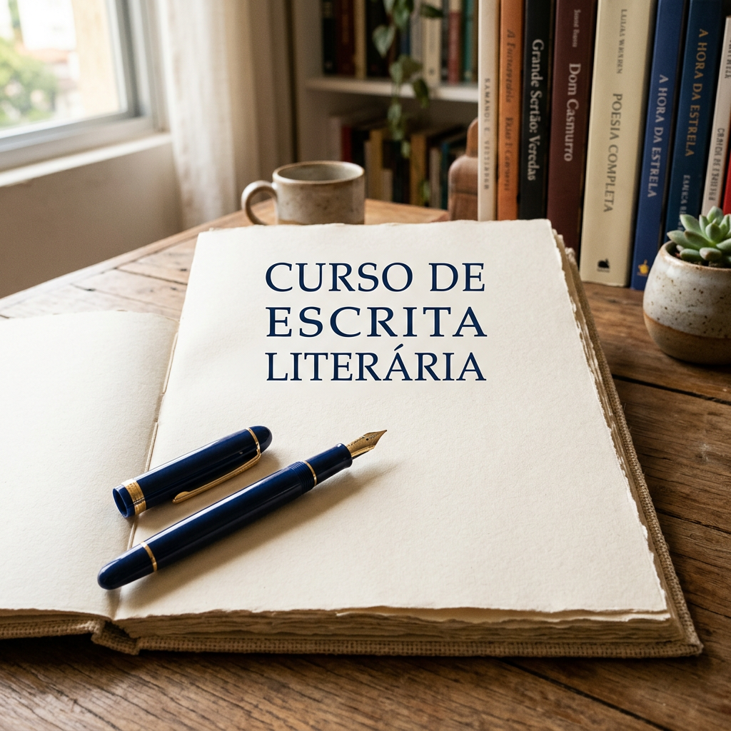 Open notebook reading “CURSO DE ESCRITA LITERÁRIA” beside a fountain pen