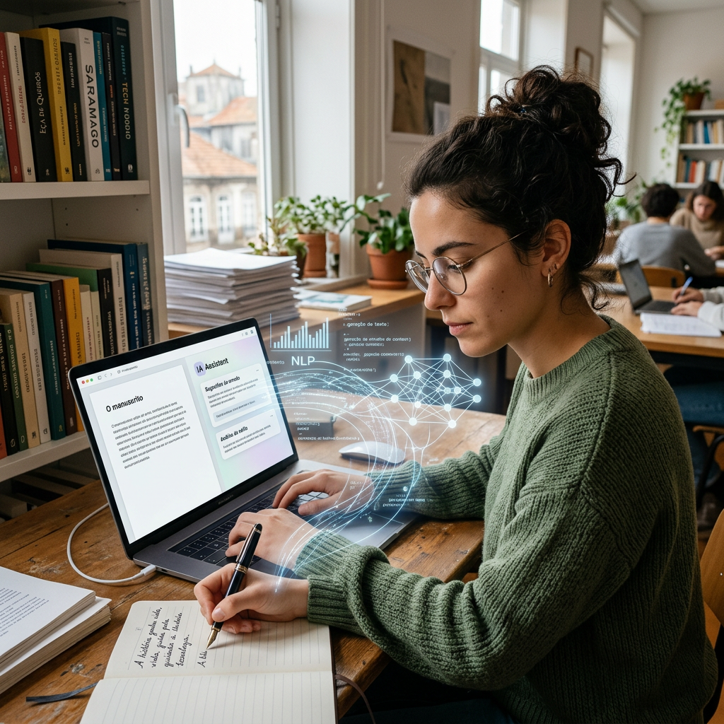 Student writing beside laptop with AI writing assistant and NLP graphics